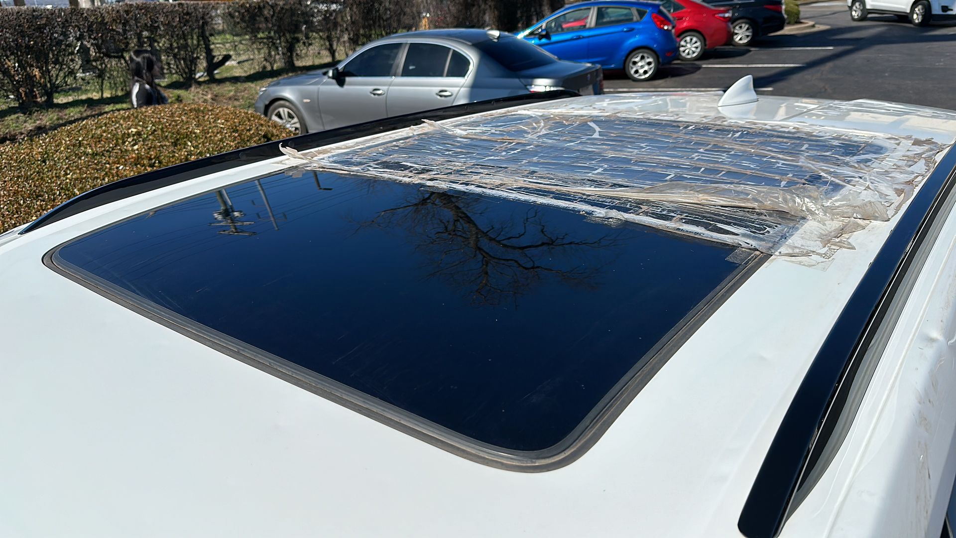 Black sunroof on white car, with frost on the roof and parked cars in the background.