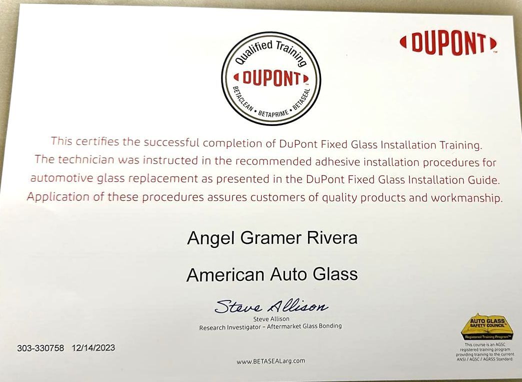 DuPont award certificate for Angel Cramer Rivera from American Auto Glass, with red DuPont logo.