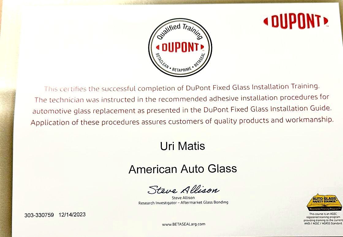 DuPont American Acrylic Glass award certificate with red DuPont logos and black text on cream paper