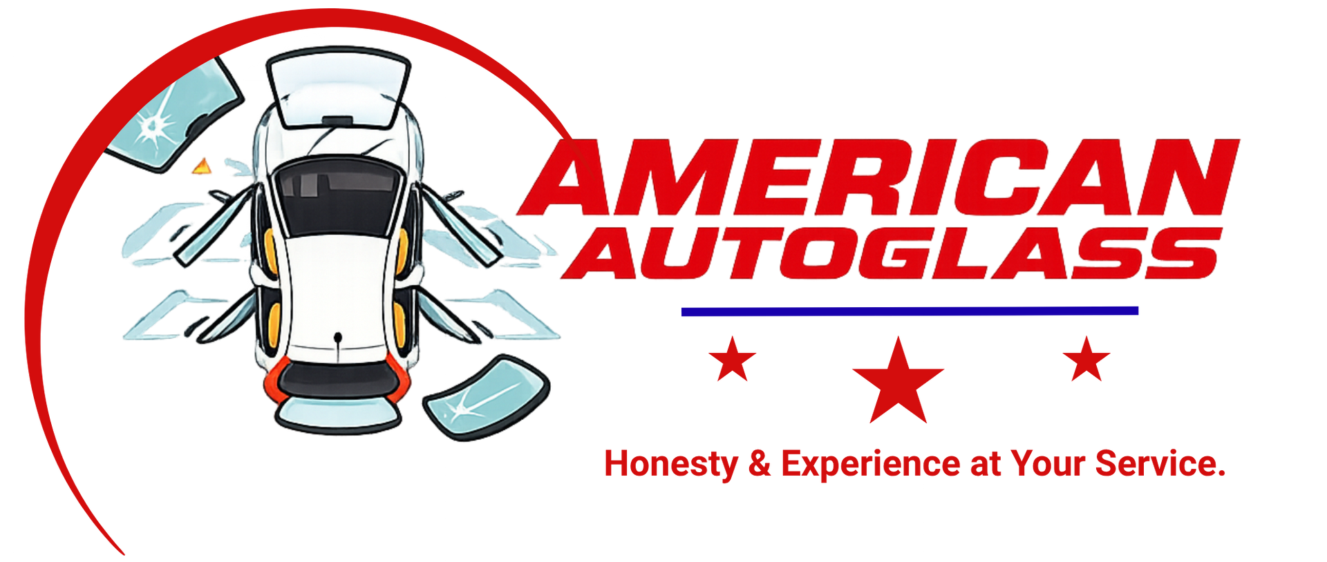 American Autoglass logo with a car and broken windshield, red and black text, slogan &ldquo;Honesty & Experience at Your Service.&rdquo;