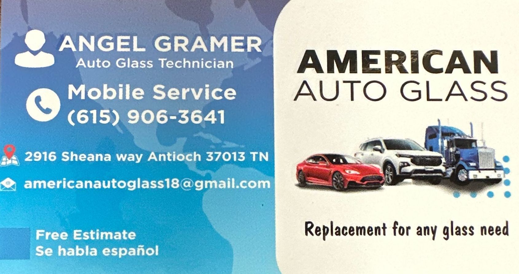 Business card for Angel Gramer Auto Glass Technician and American Auto Glass, with contact info and service details.