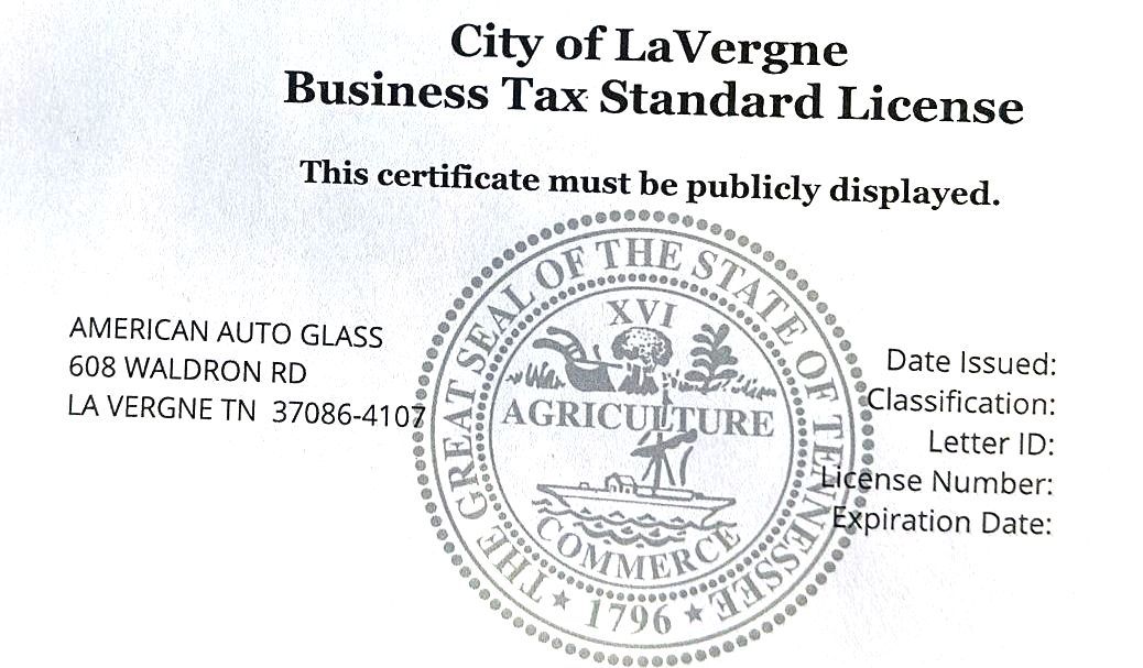 City of LaVergne business tax standard license certificate with official seal and display notice