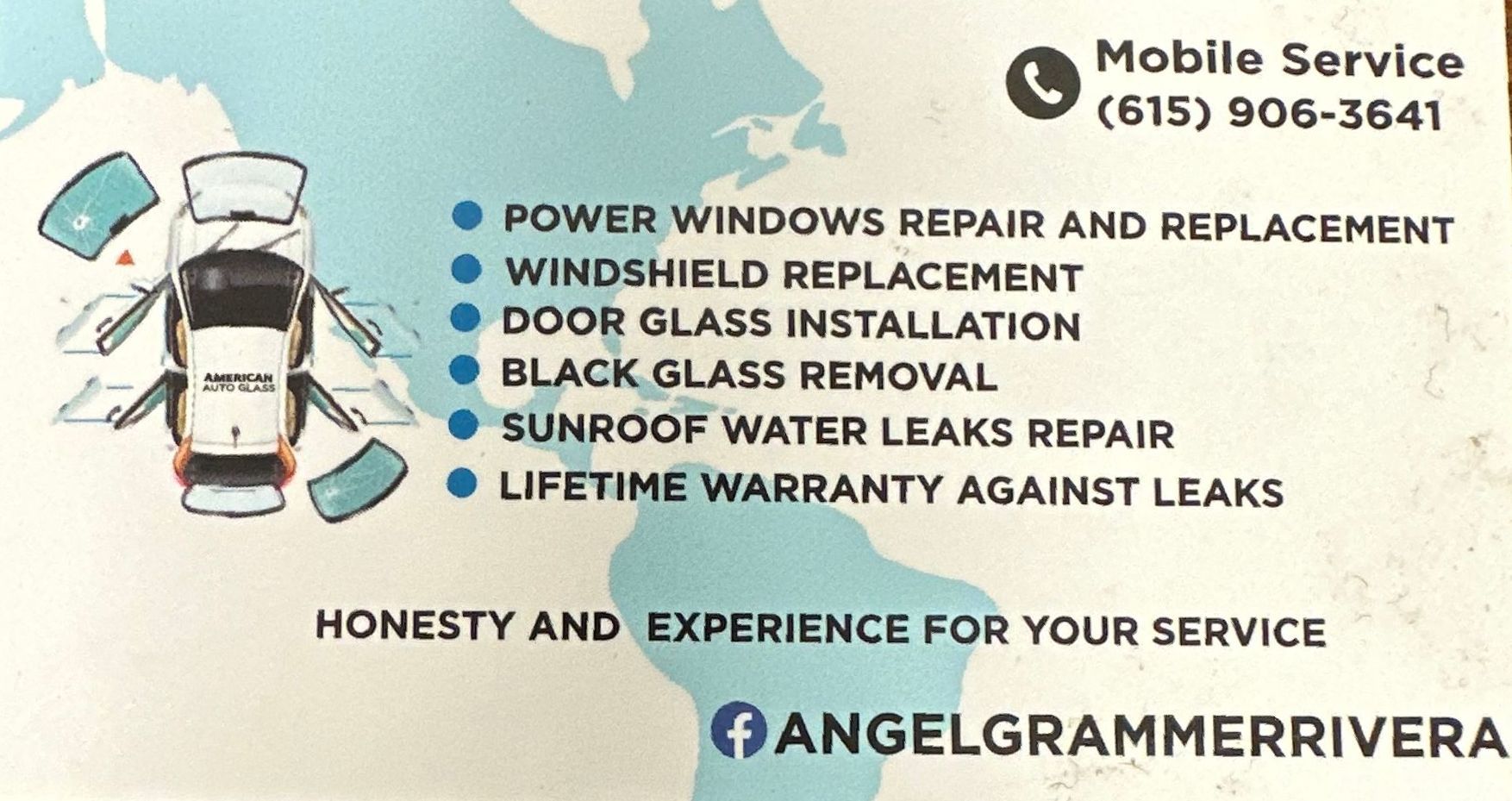 Auto repair service flyer with car icon, listing windshield, glass, AC, sunroof, and leak repairs with phone number.