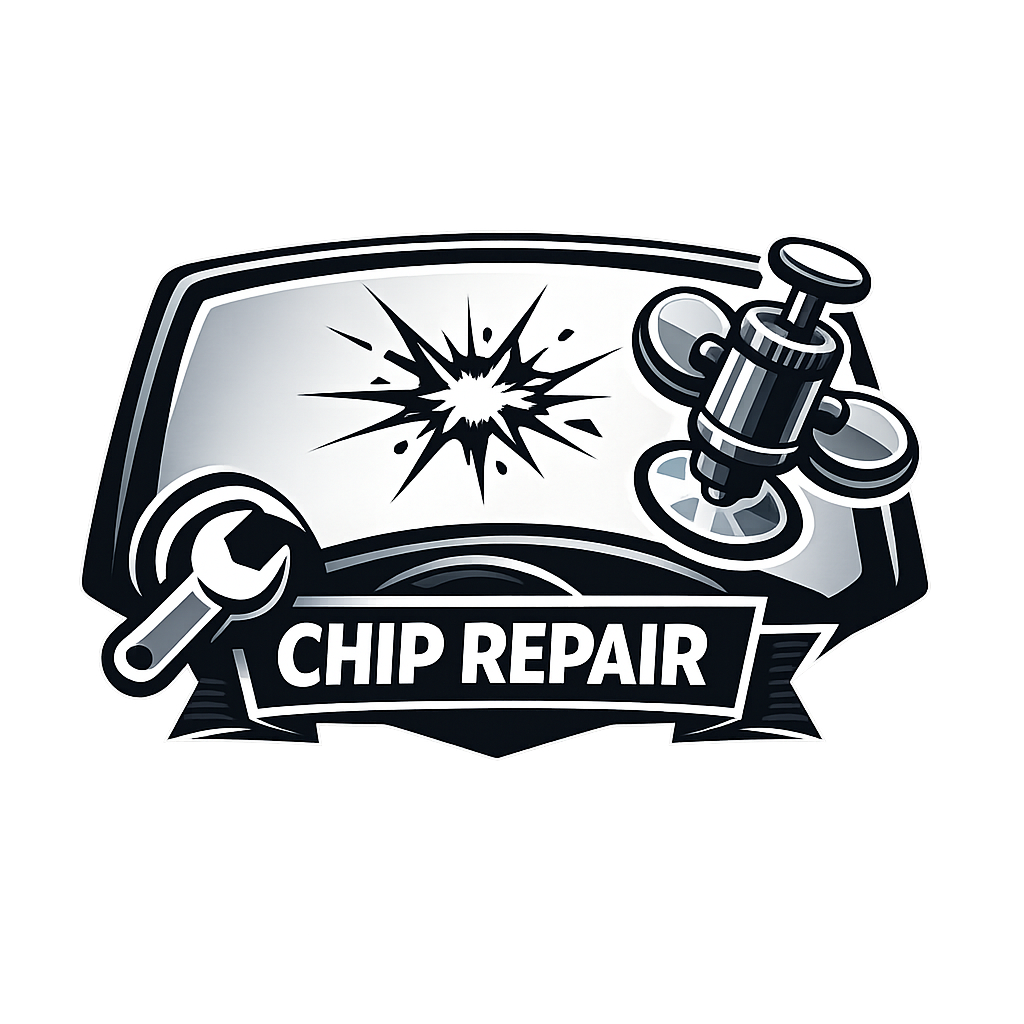 Black-and-white chip repair logo with cracked screen, wrench, and syringe icon