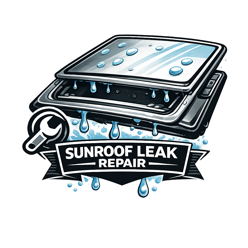 Sunroof leak repair logo with a leaking car roof, water droplets, and a wrench icon