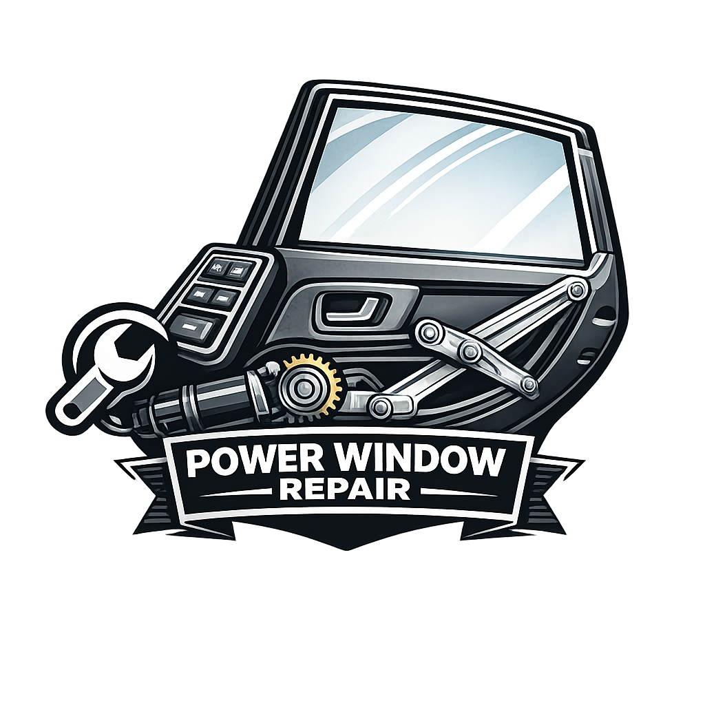 Logo for power window repair with a car door, window mechanism, and wrench in black and blue.