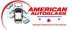 American Auto Glass logo with car and shattered windshield, red text and stars, “Honesty & Experience at Your Service.”