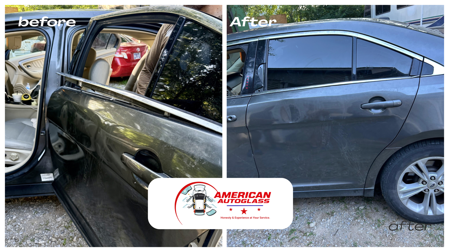 Before-and-after view of a car window tinted from clear to dark on a black sedan outdoors.