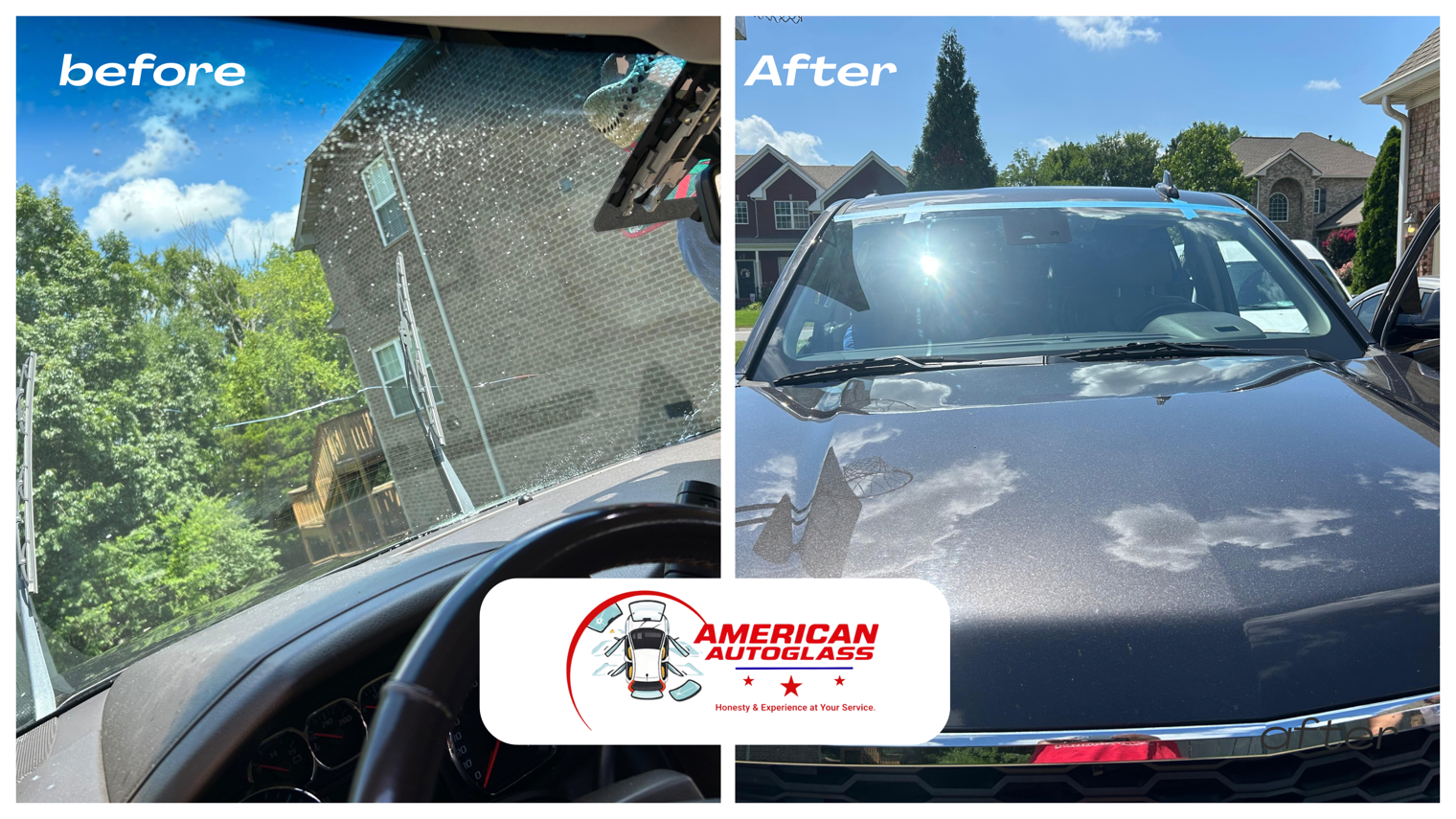 Before-and-after windshield crack repair on a car, with damaged glass on the left and clear windshield on the right.