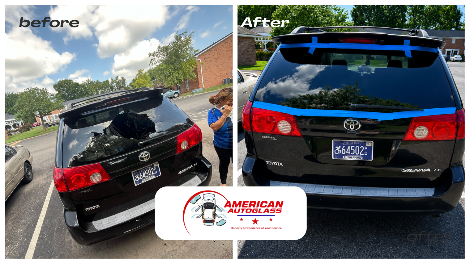 Before-and-after of a black Toyota SUV damage repair, shown from rear in a parking lot.