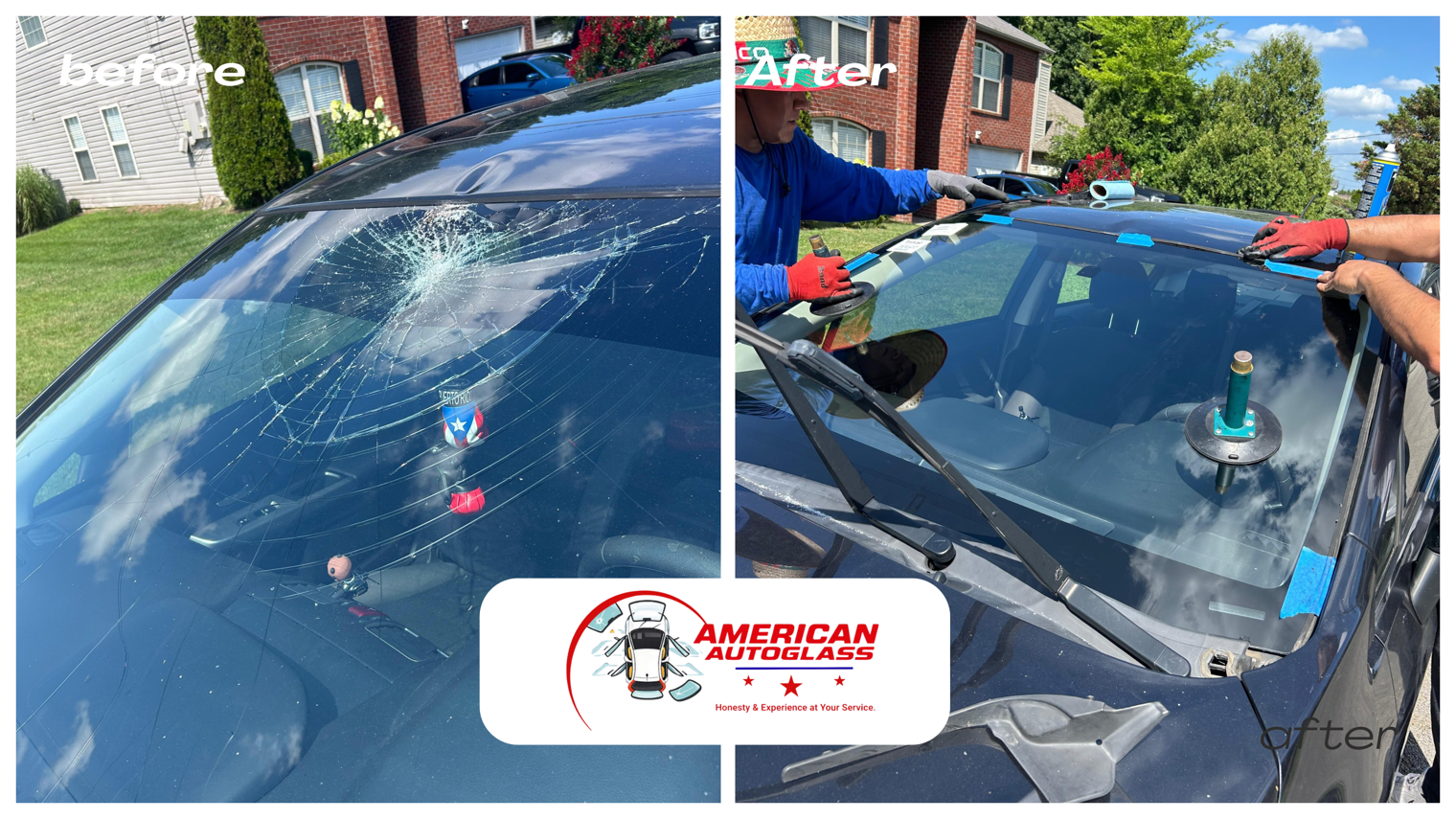 Two-panel car windshield repair scene with tools and a company logo overlay
