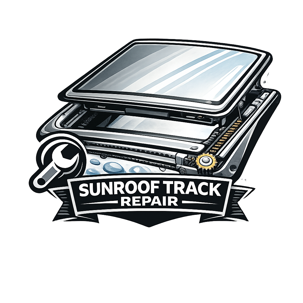 Illustration of a car sunroof with a wrench and the words “SUNROOF TRACK REPAIR” on a banner